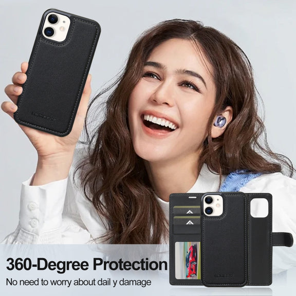 For iPhone 11 LC.IMEEKE L2 Series Detachable Magsafe PU Phone Case with Lanyard(Black)