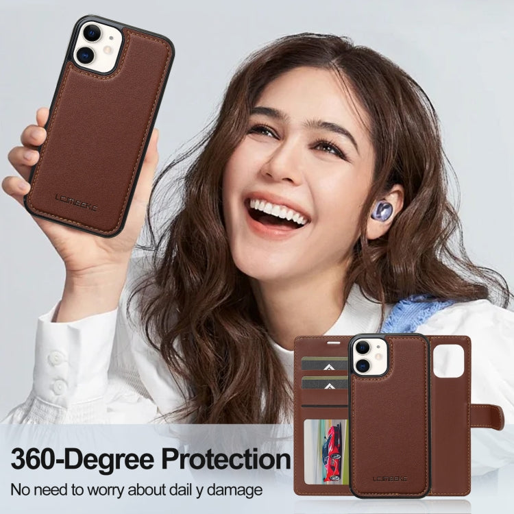 For iPhone 11 LC.IMEEKE L2 Series Detachable Magsafe PU Phone Case with Lanyard(Brown)