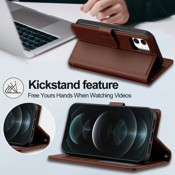 For iPhone 11 LC.IMEEKE L2 Series Detachable Magsafe PU Phone Case with Lanyard(Brown)