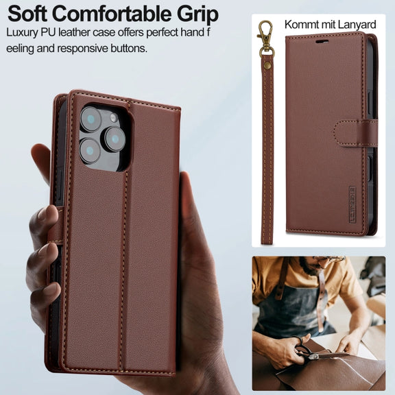 For iPhone 16 Pro Max LC.IMEEKE L2 Series Detachable Magsafe PU Phone Case with Lanyard(Brown)