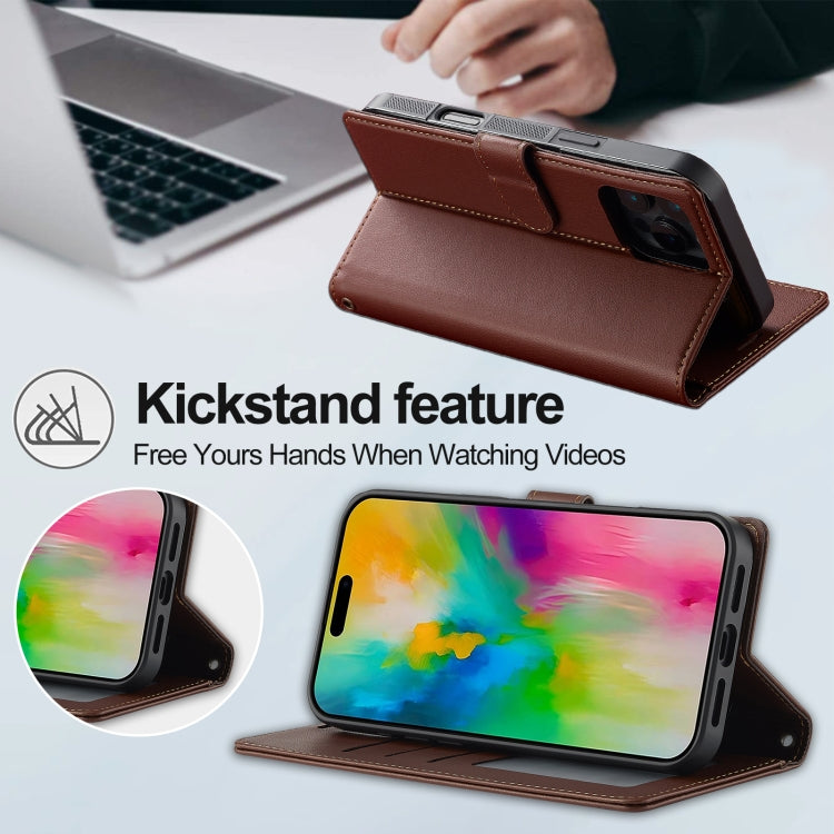 For iPhone 16 Pro Max LC.IMEEKE L2 Series Detachable Magsafe PU Phone Case with Lanyard(Brown)
