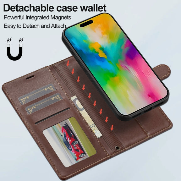 For iPhone 16 Pro Max LC.IMEEKE L2 Series Detachable Magsafe PU Phone Case with Lanyard(Brown)