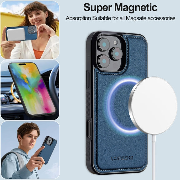 For iPhone 16 Pro Max LC.IMEEKE L2 Series Detachable Magsafe PU Phone Case with Lanyard(Blue)