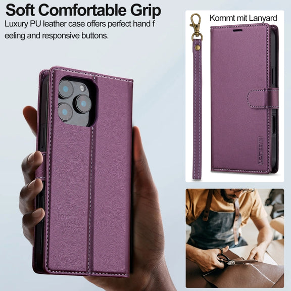 For iPhone 16 Pro Max LC.IMEEKE L2 Series Detachable Magsafe PU Phone Case with Lanyard(Purple)
