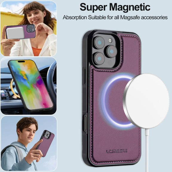 For iPhone 16 Pro LC.IMEEKE L2 Series Detachable Magsafe PU Phone Case with Lanyard(Purple)