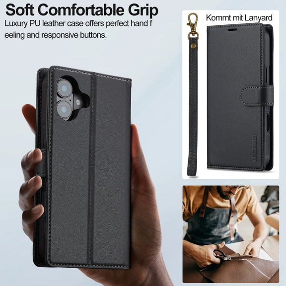 For iPhone 16 Plus LC.IMEEKE L2 Series Detachable Magsafe PU Phone Case with Lanyard(Black)