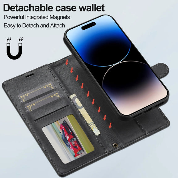 For iPhone 16 Plus LC.IMEEKE L2 Series Detachable Magsafe PU Phone Case with Lanyard(Black)