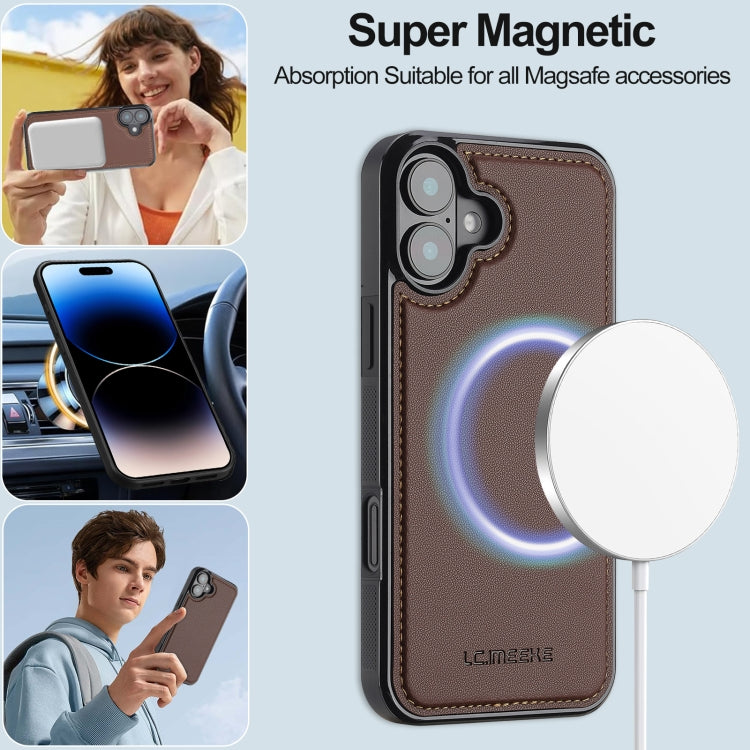 For iPhone 16 Plus LC.IMEEKE L2 Series Detachable Magsafe PU Phone Case with Lanyard(Brown)