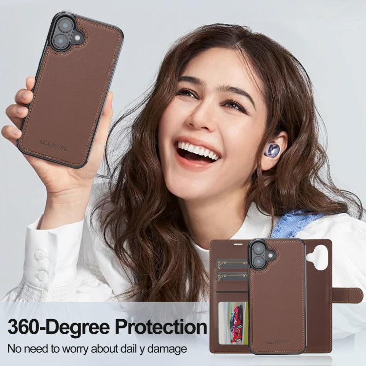 For iPhone 16 Plus LC.IMEEKE L2 Series Detachable Magsafe PU Phone Case with Lanyard(Brown)