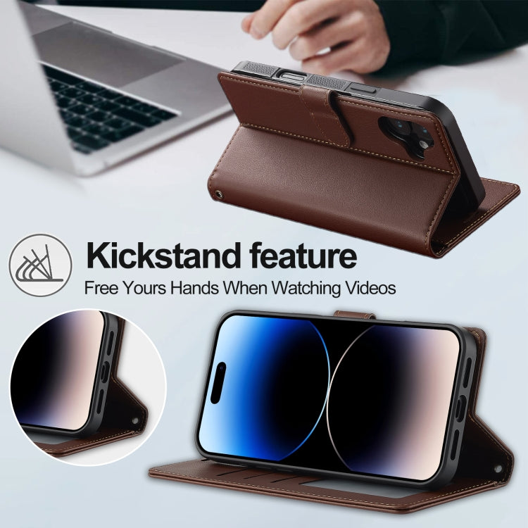 For iPhone 16 Plus LC.IMEEKE L2 Series Detachable Magsafe PU Phone Case with Lanyard(Brown)