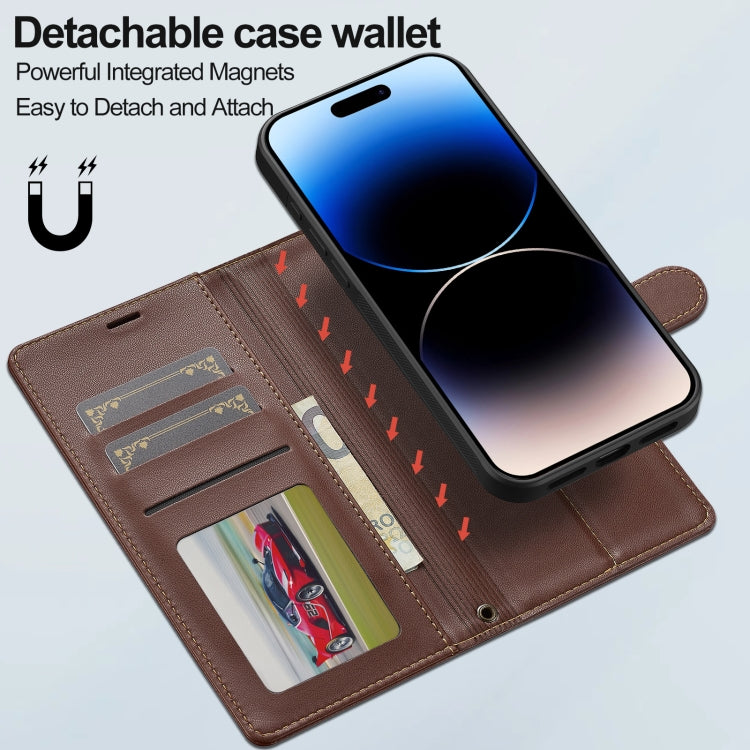 For iPhone 16 Plus LC.IMEEKE L2 Series Detachable Magsafe PU Phone Case with Lanyard(Brown)