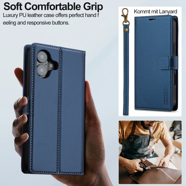 For iPhone 16 Plus LC.IMEEKE L2 Series Detachable Magsafe PU Phone Case with Lanyard(Blue)