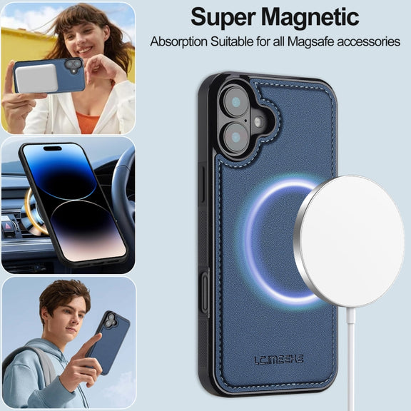 For iPhone 16 Plus LC.IMEEKE L2 Series Detachable Magsafe PU Phone Case with Lanyard(Blue)