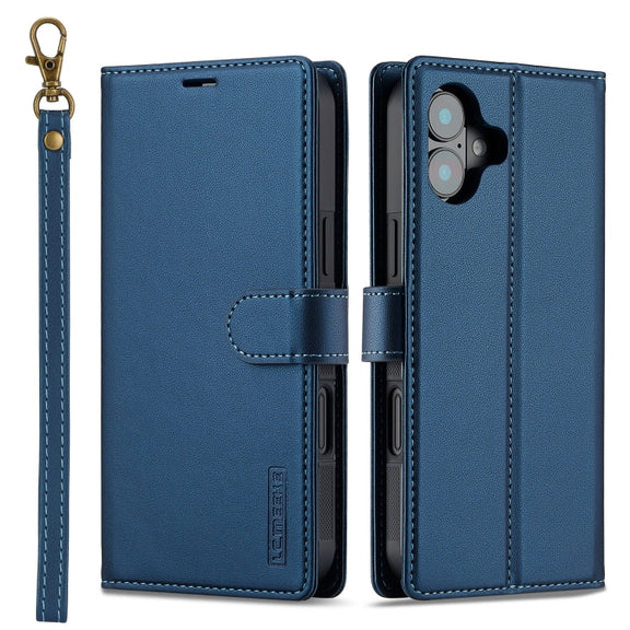 For iPhone 16 Plus LC.IMEEKE L2 Series Detachable Magsafe PU Phone Case with Lanyard(Blue)