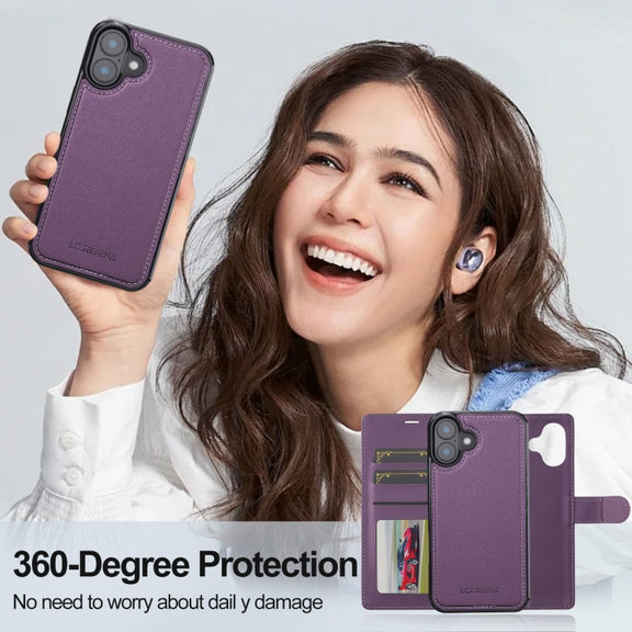 For iPhone 16 Plus LC.IMEEKE L2 Series Detachable Magsafe PU Phone Case with Lanyard(Purple)