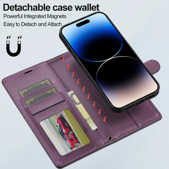 For iPhone 16 Plus LC.IMEEKE L2 Series Detachable Magsafe PU Phone Case with Lanyard(Purple)