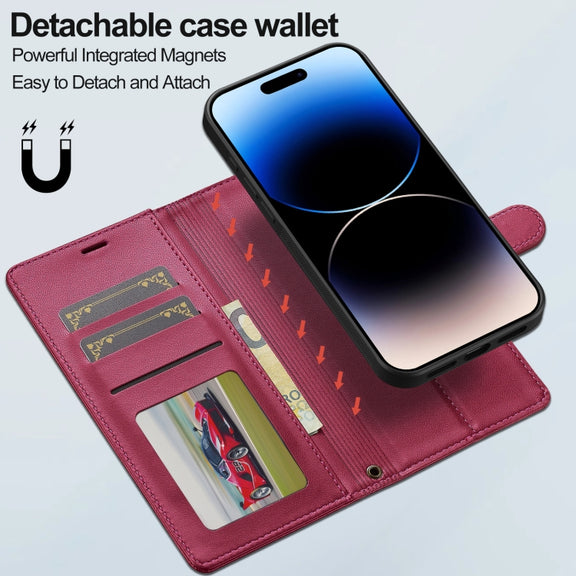 For iPhone 16 Plus LC.IMEEKE L2 Series Detachable Magsafe PU Phone Case with Lanyard(Red)