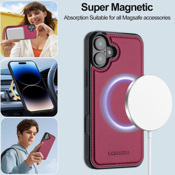 For iPhone 16 LC.IMEEKE L2 Series Detachable Magsafe PU Phone Case with Lanyard(Red)