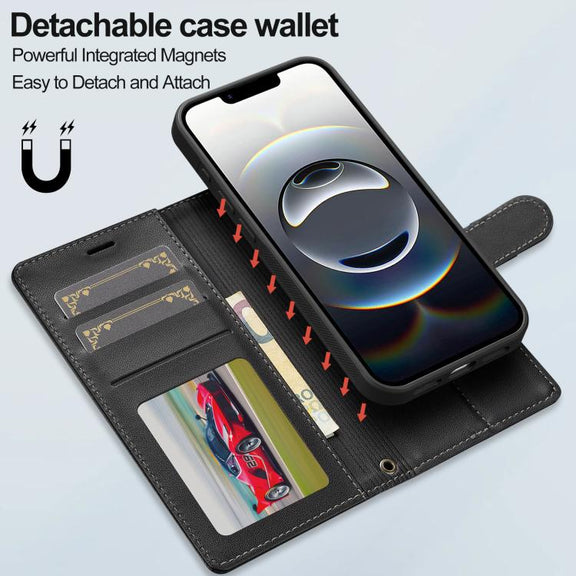 For iPhone 16e LC.IMEEKE L2 Series Detachable Magsafe PU Phone Case with Lanyard(Black)