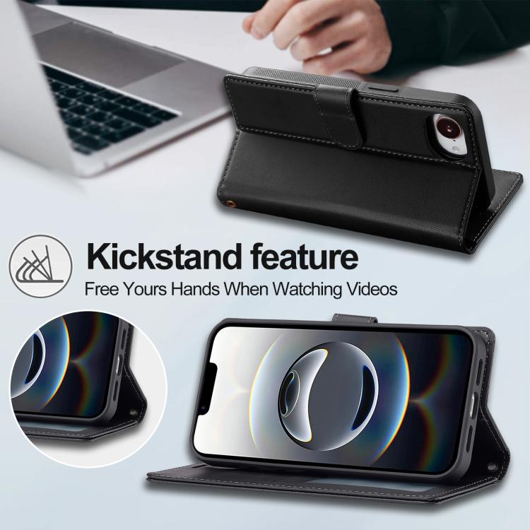For iPhone 16e LC.IMEEKE L2 Series Detachable Magsafe PU Phone Case with Lanyard(Black)
