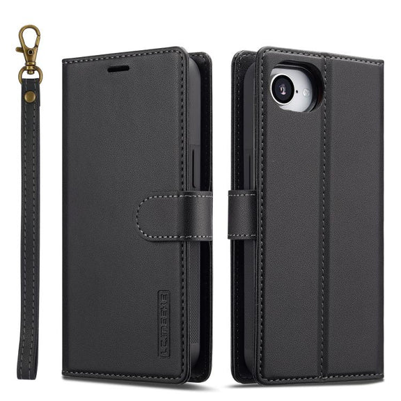 For iPhone 16e LC.IMEEKE L2 Series Detachable Magsafe PU Phone Case with Lanyard(Black)