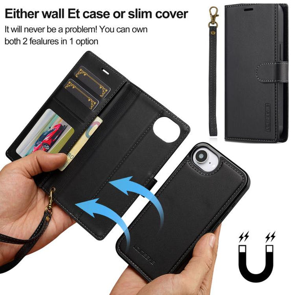For iPhone 16e LC.IMEEKE L2 Series Detachable Magsafe PU Phone Case with Lanyard(Black)