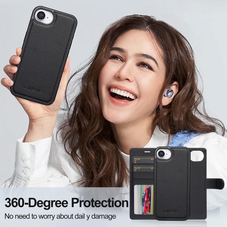 For iPhone 16e LC.IMEEKE L2 Series Detachable Magsafe PU Phone Case with Lanyard(Black)