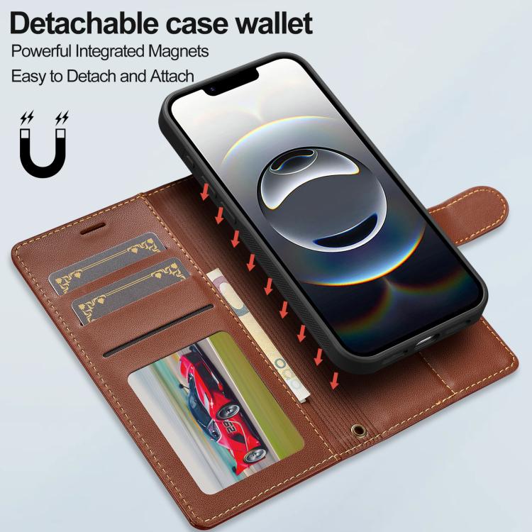 For iPhone 16e LC.IMEEKE L2 Series Detachable Magsafe PU Phone Case with Lanyard(Brown)