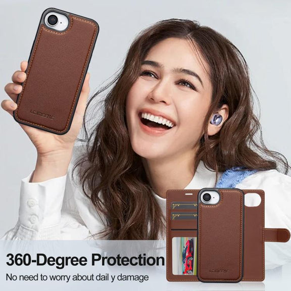 For iPhone 16e LC.IMEEKE L2 Series Detachable Magsafe PU Phone Case with Lanyard(Brown)