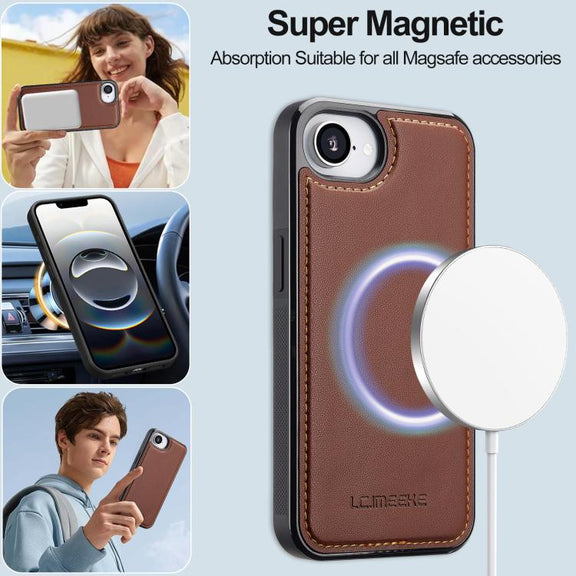 For iPhone 16e LC.IMEEKE L2 Series Detachable Magsafe PU Phone Case with Lanyard(Brown)