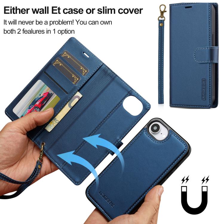 For iPhone 16e LC.IMEEKE L2 Series Detachable Magsafe PU Phone Case with Lanyard(Blue)
