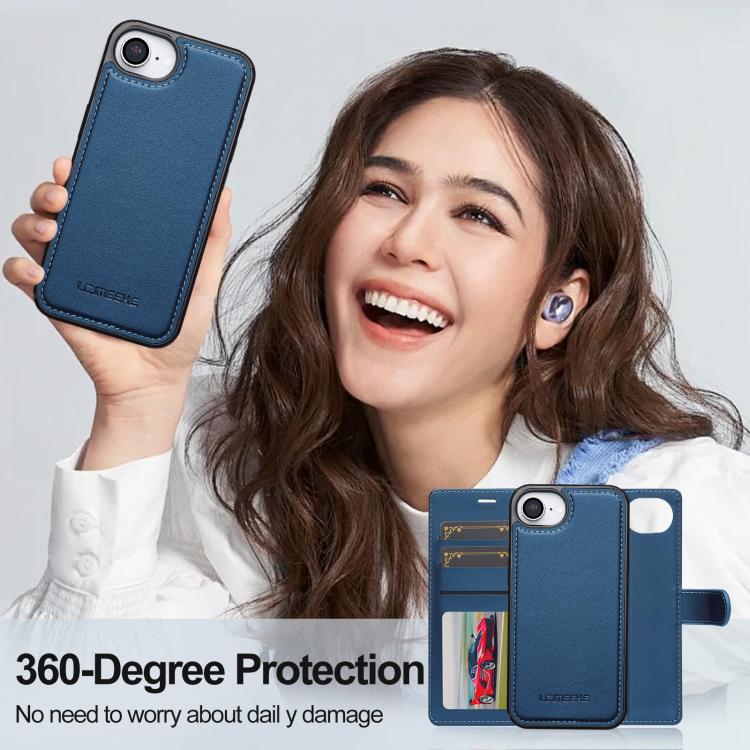 For iPhone 16e LC.IMEEKE L2 Series Detachable Magsafe PU Phone Case with Lanyard(Blue)