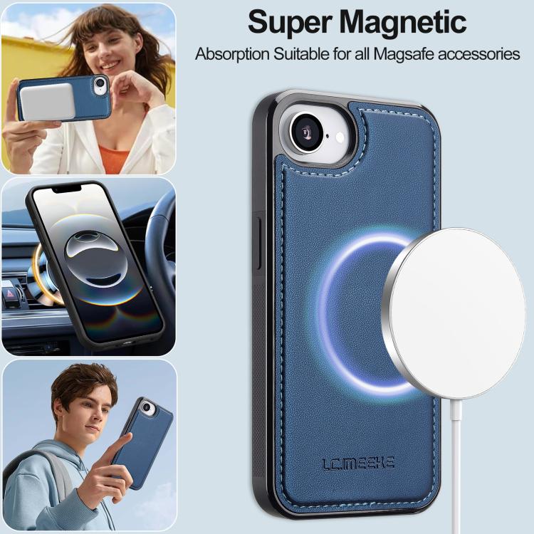 For iPhone 16e LC.IMEEKE L2 Series Detachable Magsafe PU Phone Case with Lanyard(Blue)