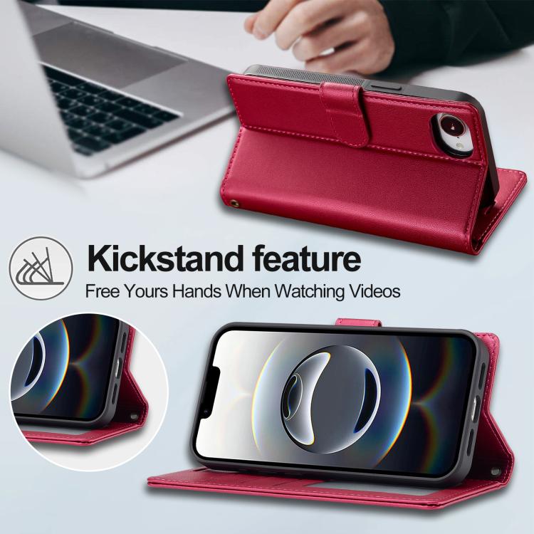 For iPhone 16e LC.IMEEKE L2 Series Detachable Magsafe PU Phone Case with Lanyard(Red)