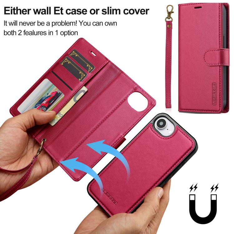 For iPhone 16e LC.IMEEKE L2 Series Detachable Magsafe PU Phone Case with Lanyard(Red)
