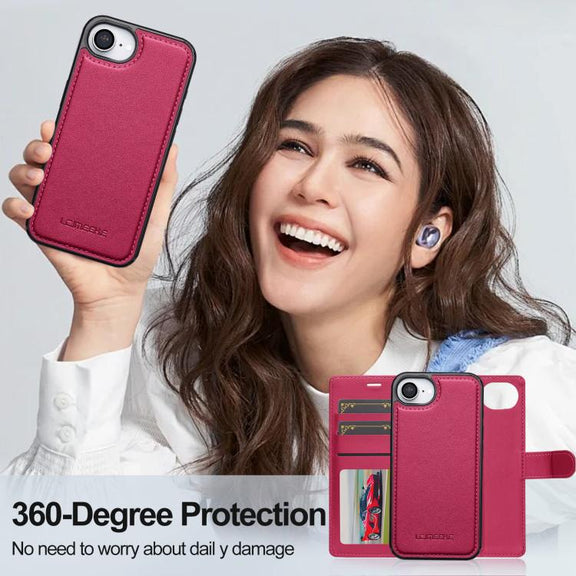 For iPhone 16e LC.IMEEKE L2 Series Detachable Magsafe PU Phone Case with Lanyard(Red)