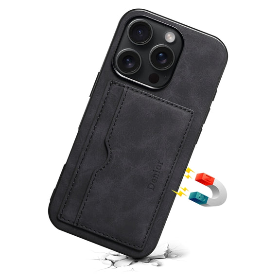 For iPhone 16 Denior D08 PU Single Card Slot Holder Phone Case(Black)