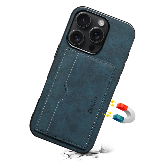 For iPhone 16 Plus Denior D08 PU Single Card Slot Holder Phone Case(Blue)