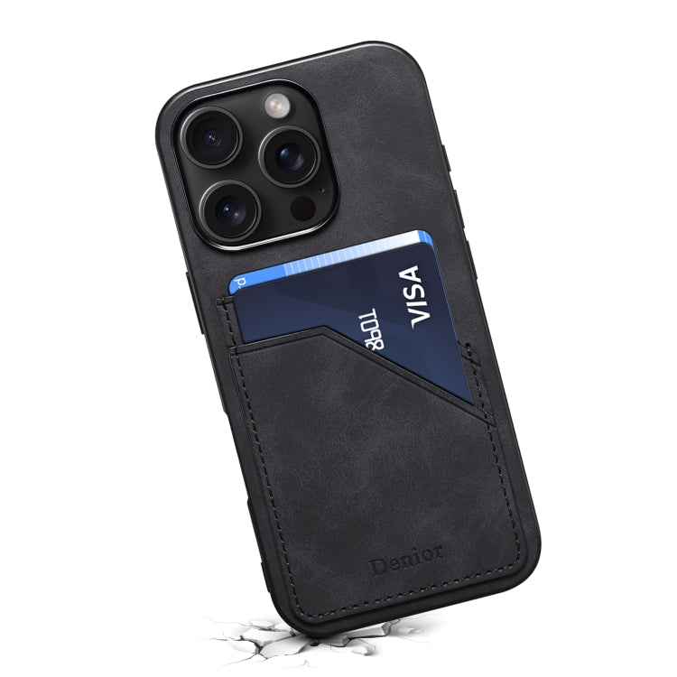 For iPhone 16 Denior D09 PU Dual Card Slot Back Cover Phone Case(Black)