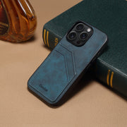 For iPhone 16 Pro Denior D09 PU Dual Card Slot Back Cover Phone Case(Blue)