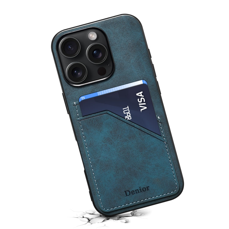 For iPhone 16 Pro Denior D09 PU Dual Card Slot Back Cover Phone Case(Blue)