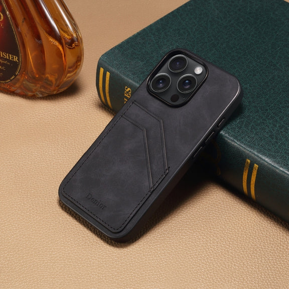 For iPhone 16 Pro Max Denior D09 PU Dual Card Slot Back Cover Phone Case(Black)