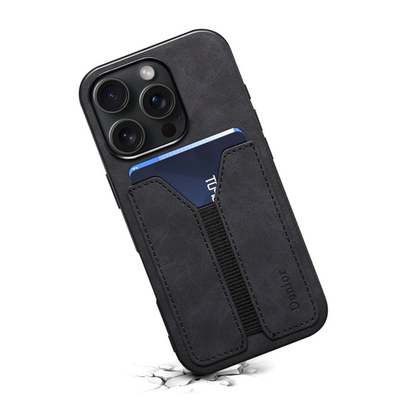 For iPhone 16 Denior D07 DV Elastic Card Slot PU Back Cover Phone Case(Black)