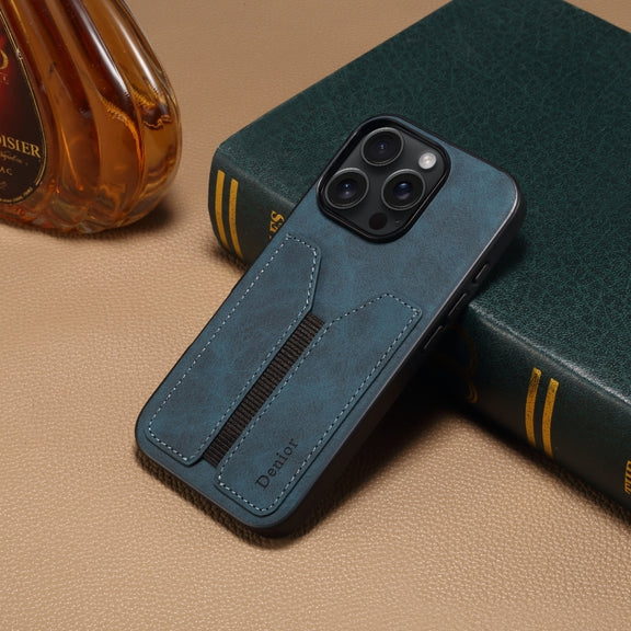 For iPhone 16 Denior D07 DV Elastic Card Slot PU Back Cover Phone Case(Blue)