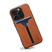For iPhone 16 Plus Denior D07 DV Elastic Card Slot PU Back Cover Phone Case(Brown)