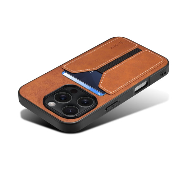 For iPhone 16 Plus Denior D07 DV Elastic Card Slot PU Back Cover Phone Case(Brown)