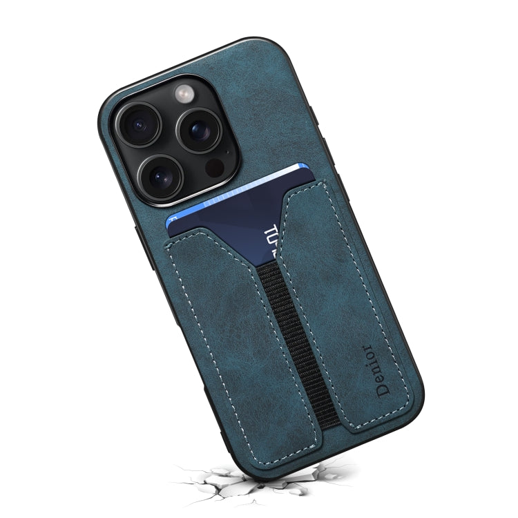 For iPhone 16 Plus Denior D07 DV Elastic Card Slot PU Back Cover Phone Case(Blue)