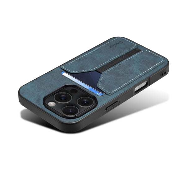 For iPhone 16 Plus Denior D07 DV Elastic Card Slot PU Back Cover Phone Case(Blue)