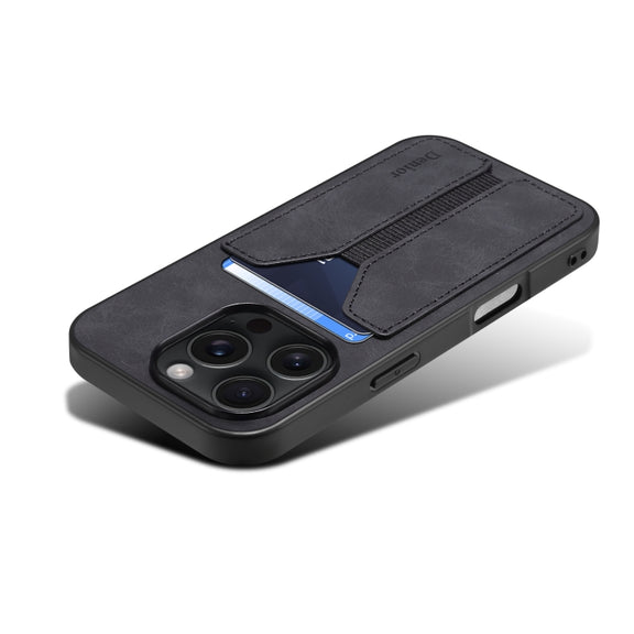 For iPhone 16 Pro Denior D07 DV Elastic Card Slot PU Back Cover Phone Case(Black)