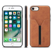 For iPhone 16e Denior D07 DV Elastic Card Slot PU Back Cover Phone Case(Brown)